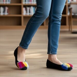 Salvatore Ferragamo Black Flats with Colorful Pom Poms